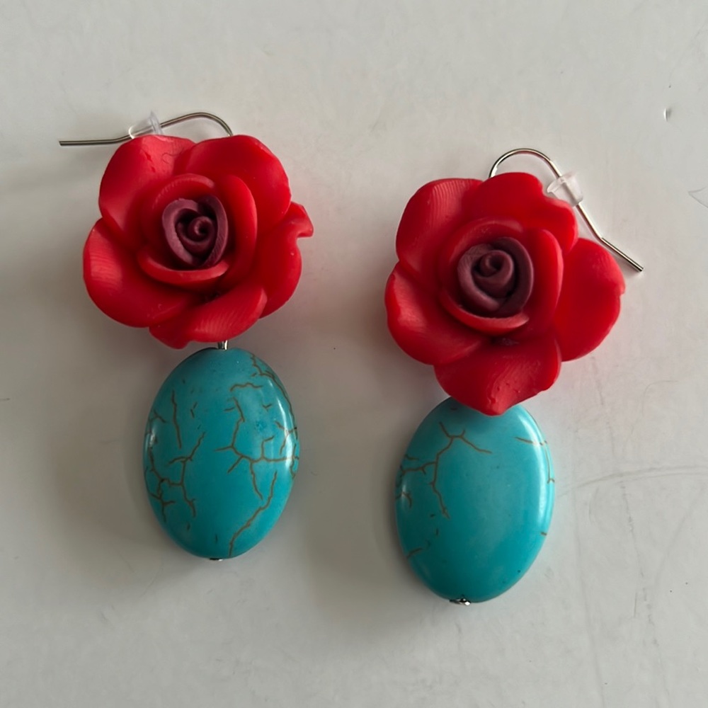 Pretty Faux Turquoise & Red Floral Earrings
